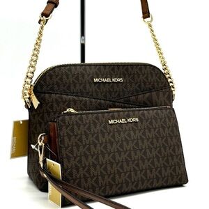 MICHAEL KORS Jet Set Travel Medium Dome Crossbody Bag & Double Zip Wallet Brown